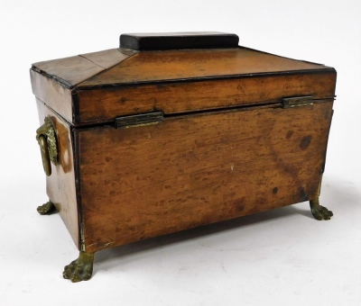 A Georgian burr yew tea caddy, of sarcophagus form, with brass lion's head and ring handles, opening to reveal a vacant interior, raised on brass lion's paw feet, 22cm wide. - 3