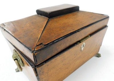 A Georgian burr yew tea caddy, of sarcophagus form, with brass lion's head and ring handles, opening to reveal a vacant interior, raised on brass lion's paw feet, 22cm wide. - 5