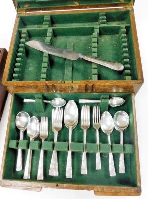 An early 20thC Mosley's silver plated part canteen of cutlery, contained in an oak canteen box, 38.5cm wide, together with an early 20thC housekeeper's box, 36cm wide. - 2