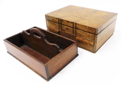 An early 20thC Mosley's silver plated part canteen of cutlery, contained in an oak canteen box, 38.5cm wide, together with an early 20thC housekeeper's box, 36cm wide. - 3