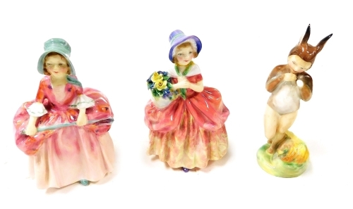 Three Royal Doulton figures, modelled as Cissie HN1809, Baby Bunting HN2108, and Bo Peep HN1811. (3, AF)