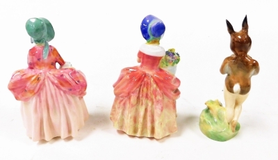 Three Royal Doulton figures, modelled as Cissie HN1809, Baby Bunting HN2108, and Bo Peep HN1811. (3, AF) - 2