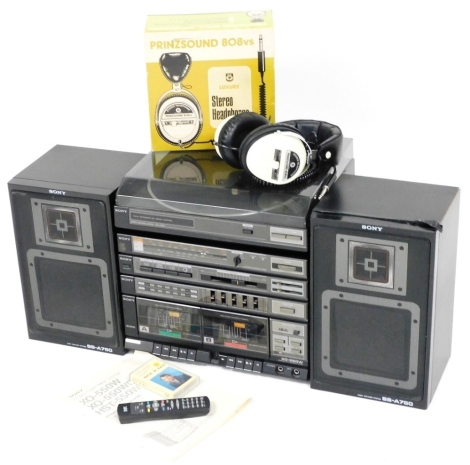 A Sony stereo turntable PS-LX35P, stereo deck receiver HST-550W, pair of speakers SS-A750, together with a pair of Prinzsound 808VS stereo headphones, boxed.