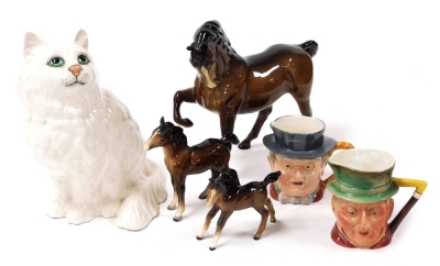 A Beswick pottery model of a seated cat, number 1867, brown glazed horse, right leg up, two foals, a character jug modelled as Pickwick, and another as Micawber. (6)