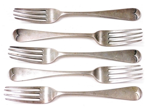 A set of five Victorian silver Old English pattern dessert forks, monogrammed to underside of handle, William Bateman and Daniel Ball, London 1841, 7.05oz.