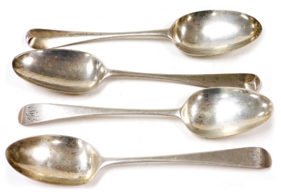 A pair of George III silver Old English pattern tablespoons, monogrammed to handle, George Smith III, London 1781, 3.27oz, and two Rat Tail pattern silver tablespoons, 6.99oz.