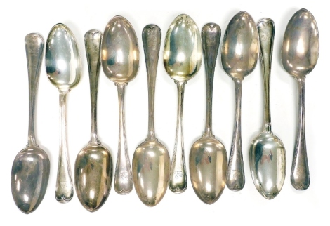 A set of ten Victorian silver Rattail pattern tablespoons, each handle engraved with crest, Chawner & Co (George William Adams), London 1847 and 1854, 25.22oz.