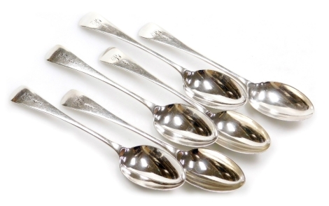 A set of six Victorian silver Old English pattern dessert spoons, each with engraved initial R to handle and leaf decoration, John Round and Son Ltd, Sheffield 1898, 8.36oz.