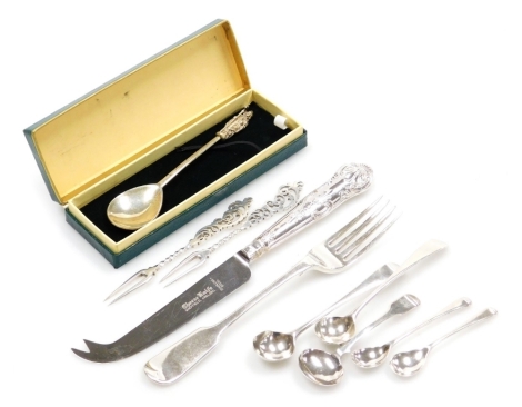 A group of small silver, to include mustard spoons, salt spoons, Fiddle pattern dessert fork, silver handled cheese knife with steel blade, an apostle spoon, etc., weighable silver 3.81oz.