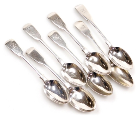 Seven 19thC silver Fiddle pattern teaspoons, engraved initials and crests, different makers and dates, to include London 1859, London 1851, London 1834, etc., 4.44oz.