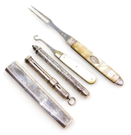 A group of small silver, comprising a George III silver toothpick case, with bright cut decoration, Birmingham 1791, two silver propelling pencils, a silver and mother of pearl miniature button hook, and a George III folding travelling fork, with mother o