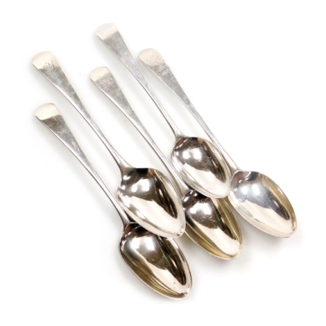 Five 19thC silver Old English pattern dessert spoons, some with engraved crests and initials, various makers and dates, to include London 1830, London 1801, London 1826, etc., 5.07oz.