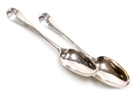 Two late 18th/early 19thC silver Rattail pattern serving spoons, one engraved MB to handle verso, hallmarks rubbed, one possibly for London 1744, 3.97oz.