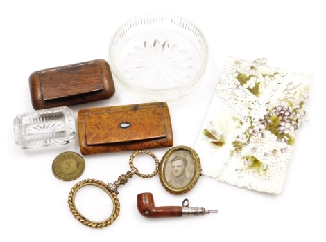 A group of vertu, comprising a Victorian magnifying glass, oval picture frame containing a portrait of a soldier, pipe form pencil holder, and two snuff boxes, together with a cut work greetings card, glass salt and a circular dish. (a quantity)