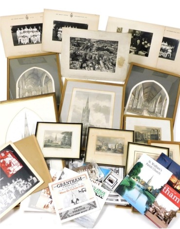 A group of engravings and prints, some related to Grantham, including Grantham Church, St Wulfram's Grantham after the original by Charles Wickes, and an interior, proof, published by Laurence Ridge, Grantham. (a quantity)