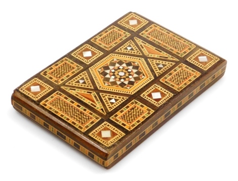 A Damascus marquetry and mother of pearl inlaid cigarette case, 13cm x 8.5cm.