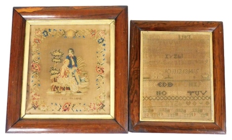 A George III alphabet sampler, stitched by Betty? 1804, rosewood framed, 30.5cm x 24cm, and an early 19thC wool work picture of a courting couple, within a surround of flowers, named indistinctly, rosewood framed, 32.5cm x 30cm. (2)