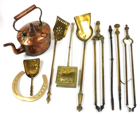 Victorian and later brass fire irons, a chestnut roaster, copper kettle, etc. (a quantity)