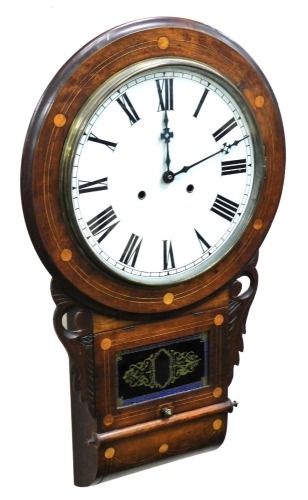 A Victorian walnut circular drop dial wall clock, the enamel dial bearing Roman numerals, eight day movement, the case with circular and line inlay, with pendulum and key, 71cm high. (AF)