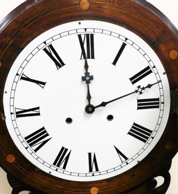 A Victorian walnut circular drop dial wall clock, the enamel dial bearing Roman numerals, eight day movement, the case with circular and line inlay, with pendulum and key, 71cm high. (AF) - 2