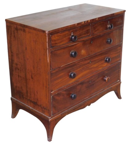 A 19thC mahogany chest of two short and three long drawers, with later turned handles and splayed feet, 89cm high, 94cm wide, 47cm deep.