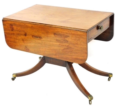 A 19thC mahogany and boxwood strung Pembroke table, the rectangular top with rounded corners with a frieze drawer, on four turned supports with platform and splayed legs with castors, 70cm high, 90cm wide, 52cm deep.