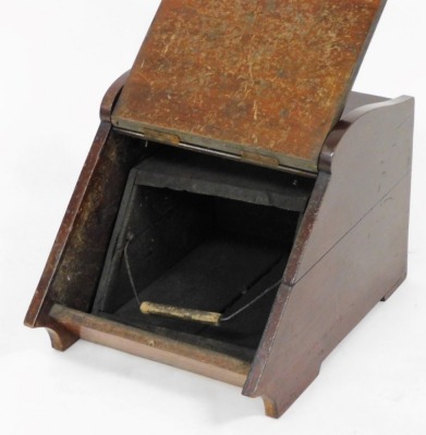 A Victorian mahogany coal scuttle, with brass carrying handle and decorative motif to the lift up front, with wooden liner, no shovel, 33cm wide, 43cm deep. - 2