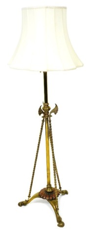 A Victorian brass and copper gasolier standard lamp, converted to electricity, with a white shade, 149cm high.