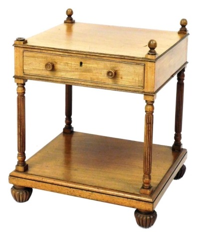 A Victorian mahogany side table, with a single frieze drawer, raised on turned and fluted columns, united by an under tier raised on fluted feet, 61cm high, 51cm wide, 46cm deep, (AF).