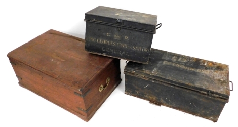 Two military tin trunks, one named for King George's Fund for Sailors General, 31cm high, 51cm wide, 37cm deep, the other trunk unnamed, 27cm high, 76cm wide, 39cm deep, and an oak and metal bound chest with brass carrying handles, 35cm high, 81cm wide, 5