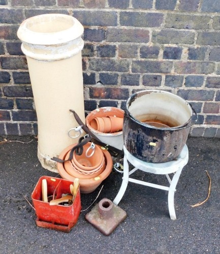 A painted terracotta chimney stack, 80cm high, various terracotta plant pots, galvanized metal stool, etc. (a quantity)