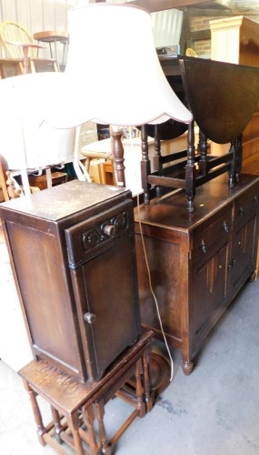 A group of furniture, to include an oak sideboard with raised back, drop leaf gate leg table, standard lamp, etc. (a quantity)