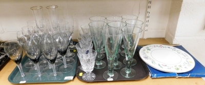 Various drinking glasses, to include ten Royal Doulton crystal wine glasses, a pair of Laura Ashley Home champagne flutes, and a Royal Worcester Arcadia pattern cake plate, 29cm diameter.