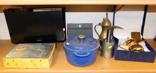 A Toshiba 18" LED TV, EL833B, with lead, a Bosch hammer drill, PB400, a cast metal casserole dish, pewter tankard, brass Eastern lidded jugs, etc. (a quantity)