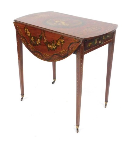A 19thC Adam revival hand painted satinwood Pembroke table, with a hand painted Neo-Classical top, having a central reserve with a seated lady with her spinning wheel being courted by her beau, enclosed by floral scrolling decoration and musical reserves 