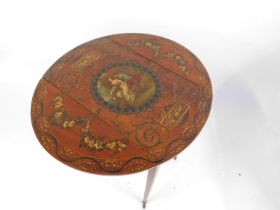 A 19thC Adam revival hand painted satinwood Pembroke table, with a hand painted Neo-Classical top, having a central reserve with a seated lady with her spinning wheel being courted by her beau, enclosed by floral scrolling decoration and musical reserves - 2