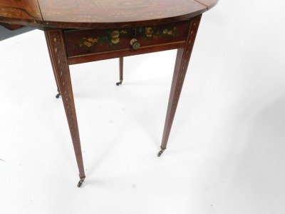 A 19thC Adam revival hand painted satinwood Pembroke table, with a hand painted Neo-Classical top, having a central reserve with a seated lady with her spinning wheel being courted by her beau, enclosed by floral scrolling decoration and musical reserves - 3