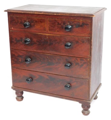 An early Victorian flame mahogany grain painted pine chest, of two short and three long graduated drawers with knob handles and turned feet, 110cm high, 98cm wide, 52cm deep.