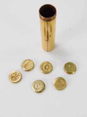 A 19thC French brass sealing wax etui, with mother of pearl screw on cover, and incorporating a stack of twenty four double sided seals and a sleeve retaining disc, 9cm high. - 3