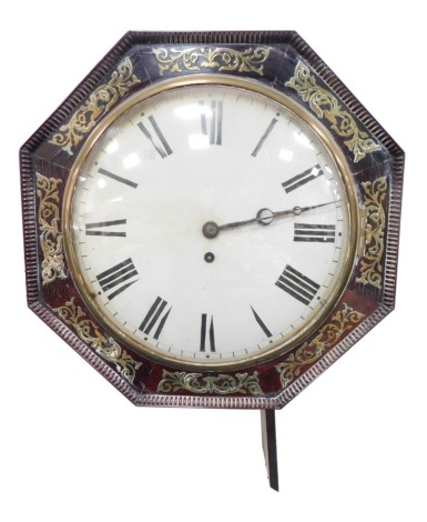 An early 19thC brass inlaid rosewood wall clock, with nulled octagonal bezel, painted convex dial with Roman numerals, single fusee movement with pendulum, 46cm diameter.