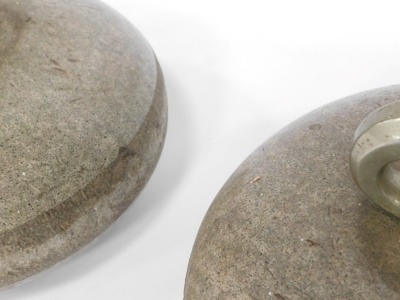 A pair of Edwardian Ailsa Craig blue hone polished granite curling stones, with reversible nickel mounted ivory handles, 29cm diameter. - 2