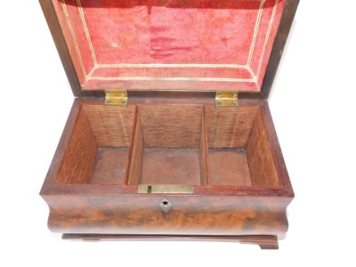 A George III flame mahogany bombe tea caddy, with brass swan neck handle and ogee bracket feet (AF), 17cm high, 26cm wide. - 2