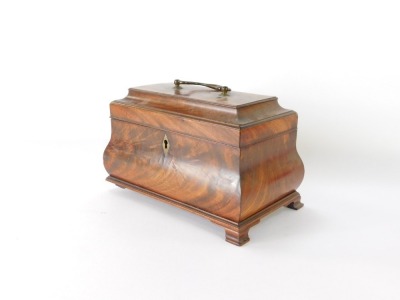 A George III flame mahogany bombe tea caddy, with brass swan neck handle and ogee bracket feet (AF), 17cm high, 26cm wide. - 4