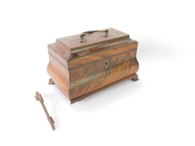 A George III flame mahogany bombe tea caddy, with brass swan neck handle and ogee bracket feet (AF), 17cm high, 26cm wide. - 5