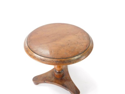 A Victorian flame mahogany apprentice or tradesman sample miniature table, with moulded top, baluster stem, trefoil base and bun feet, 22cm high, 22cm diameter. - 2