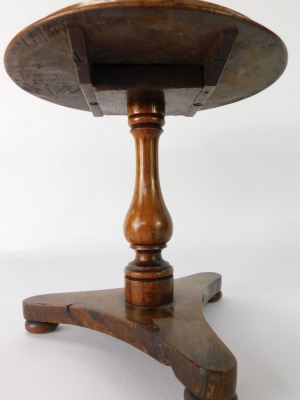 A Victorian flame mahogany apprentice or tradesman sample miniature table, with moulded top, baluster stem, trefoil base and bun feet, 22cm high, 22cm diameter. - 3