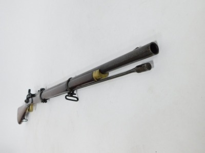 A 19thC Enfield percussion rifle, with mahogany stock, brass fittings and steel ramrod, 123cm overall length. - 2