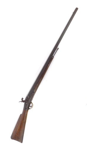 A 19thC muzzle loading shotgun, percussion conversion from flintlock, with mahogany stock and steel ramrod, 129cm overall length.