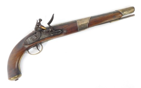 A 19thC flintlock pistol, with silvered mounts and engraved lock with ramrod, 47cm.
