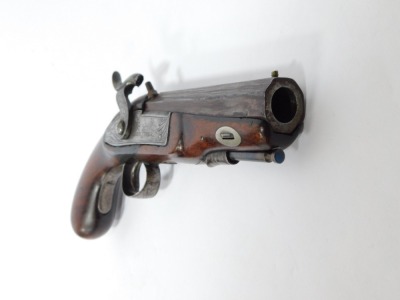 A 19thC overcoat pocket percussion pistol, by H Mortimer of London with hexagonal barrel, chased lock, figured walnut stock and steel ramrod, 22cm long. - 2